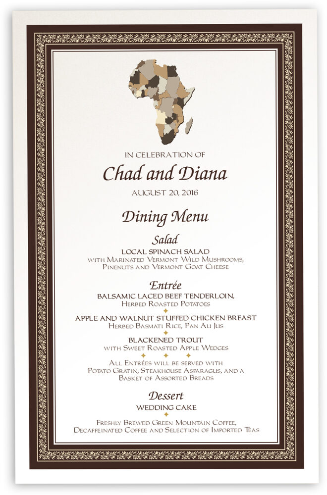 Map of Africa Wedding Menu Cards, Reception and Rehearsal Dinner Menus ...